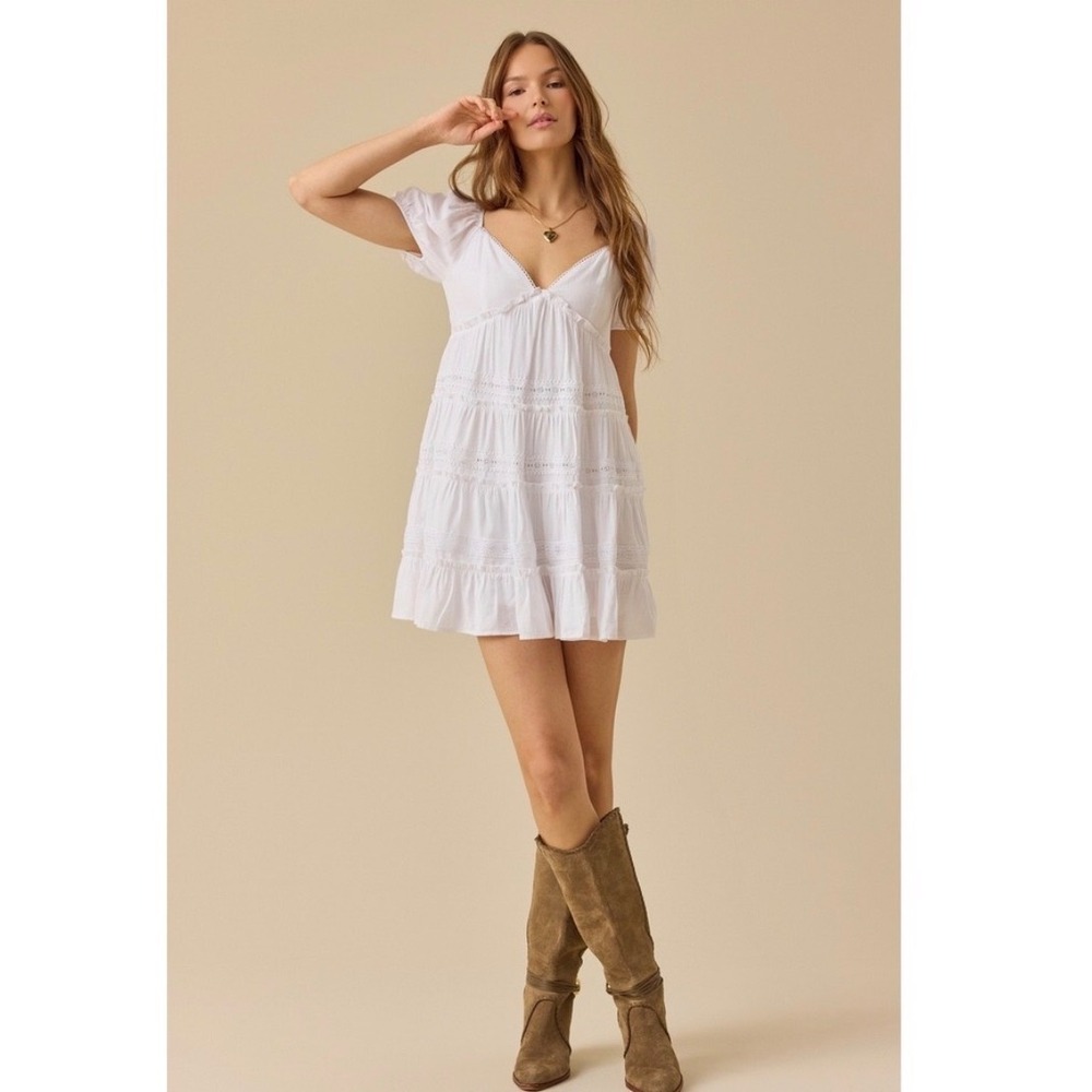 Altar'd State Marcia White‎ Lace Tiered Babydoll Mini Dress Puff Sleeve 2XL NEW